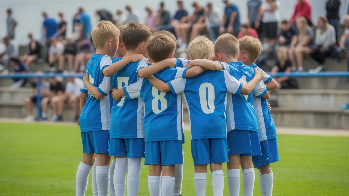 Ett barnlag i fotboll står i ring och peppar varandra före match