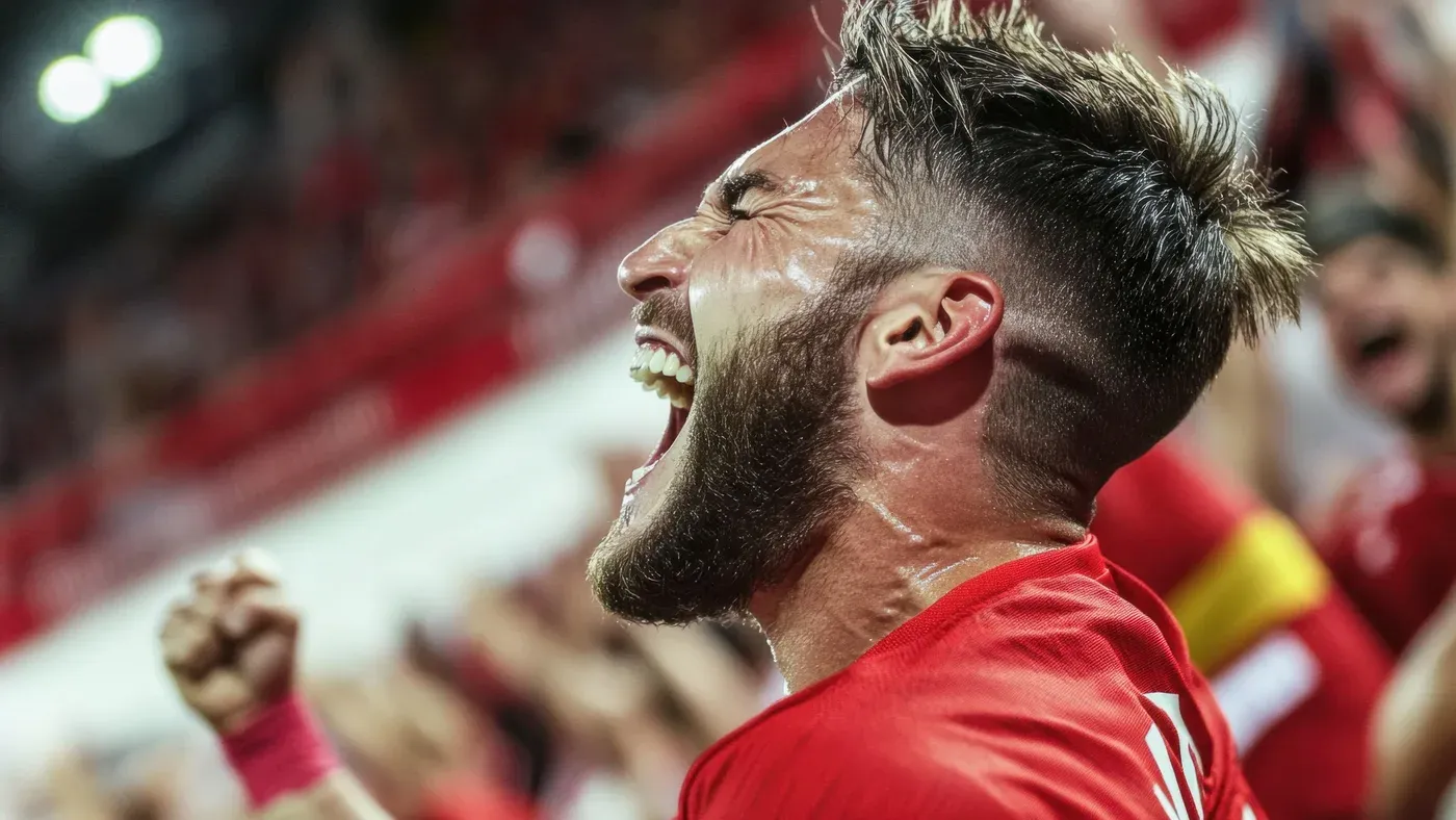 Handbollsspelare i röd tröja jublar efter ett mål inför publiken