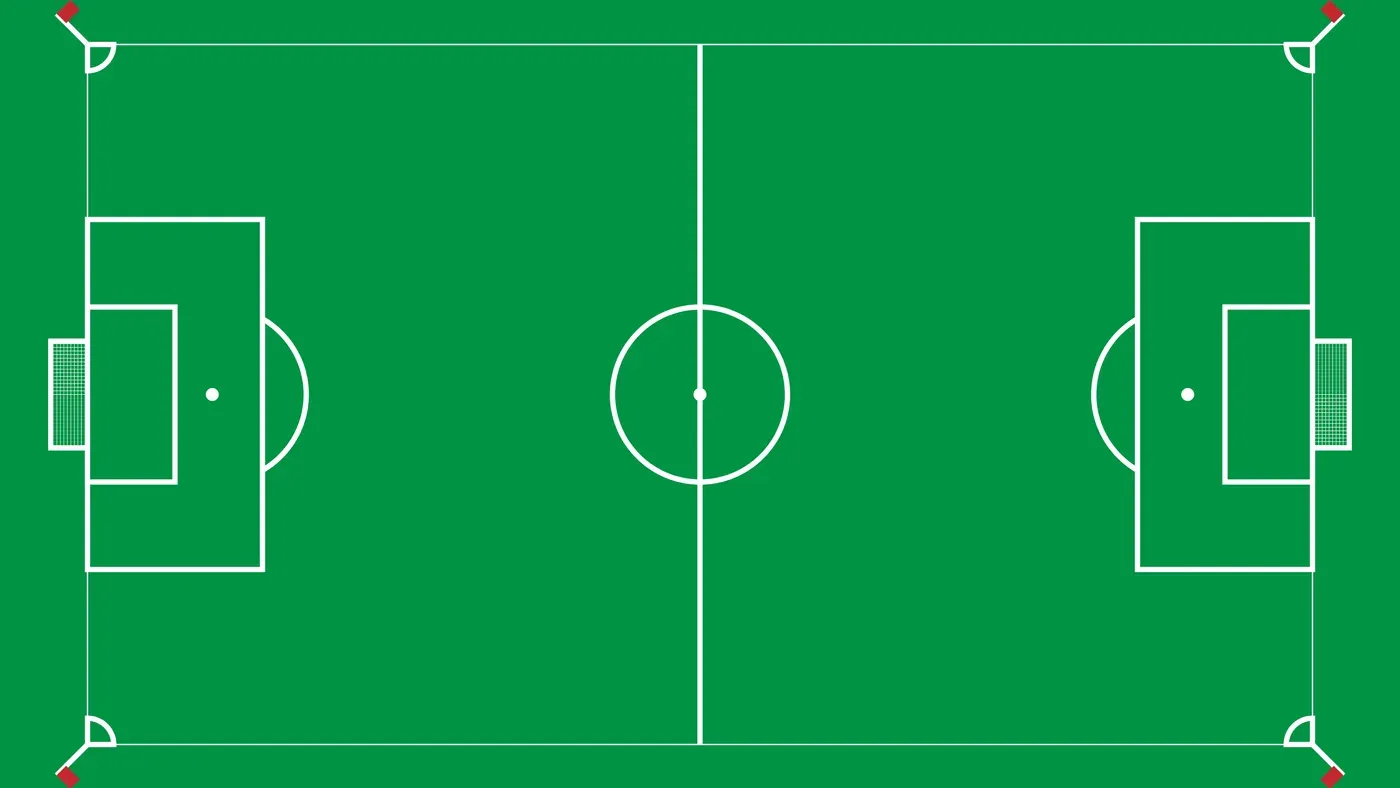 Illustration av en fotbollsplan med mittlinje, straffområden och målområden
