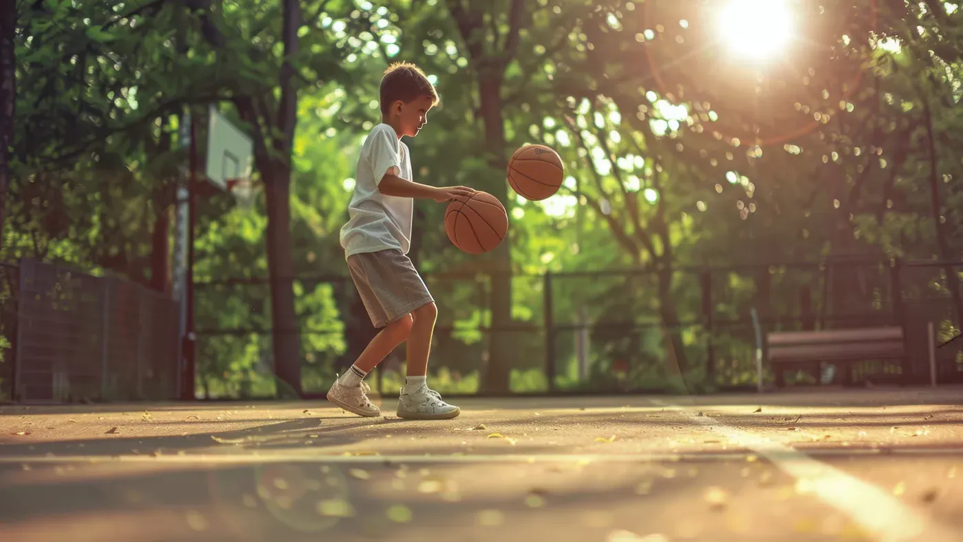Barn dribblar en basketboll på en utomhusplan