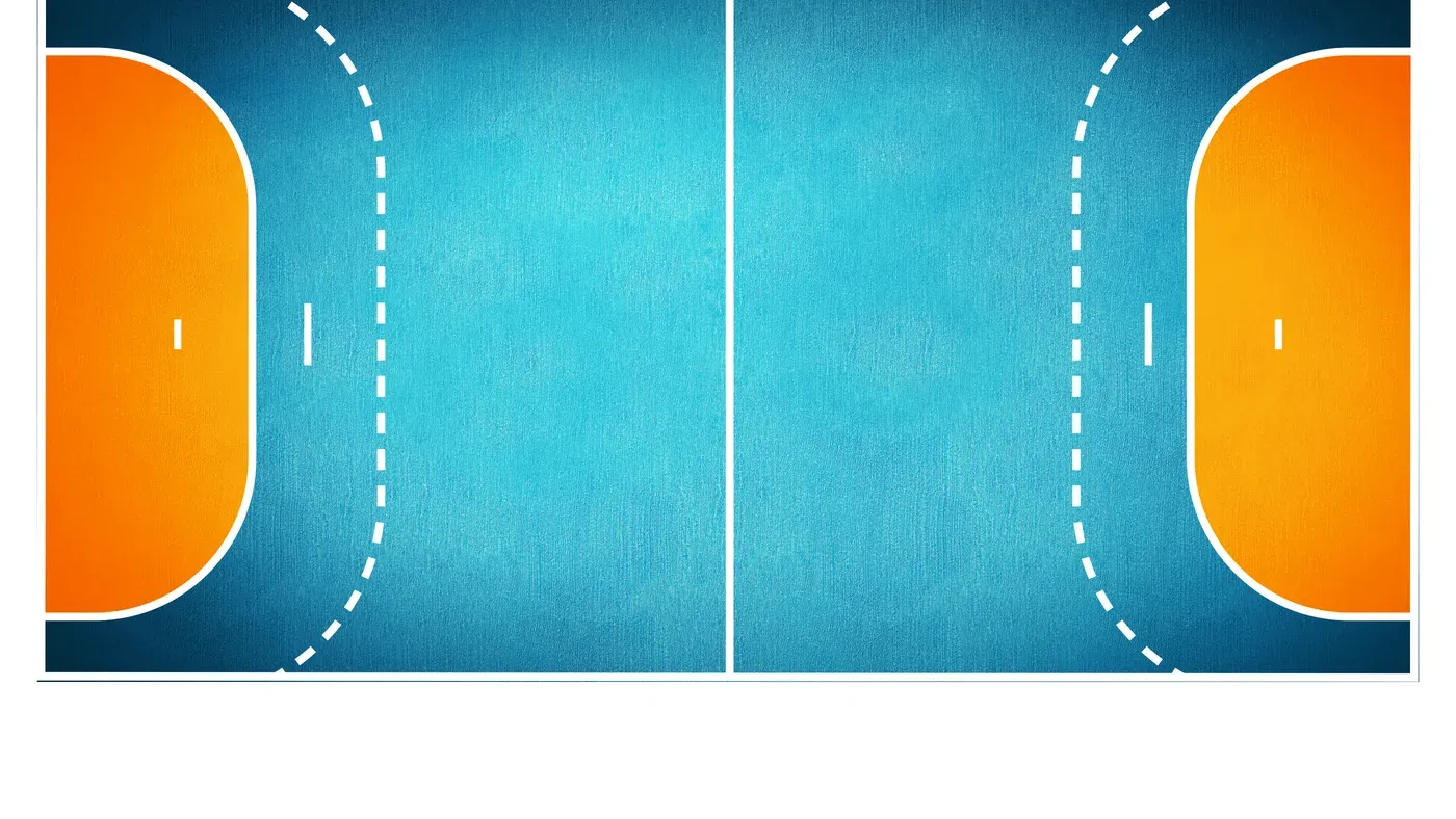 Illustration av en handbollsplan med målgårdar, frikastlinjer och mittlinje