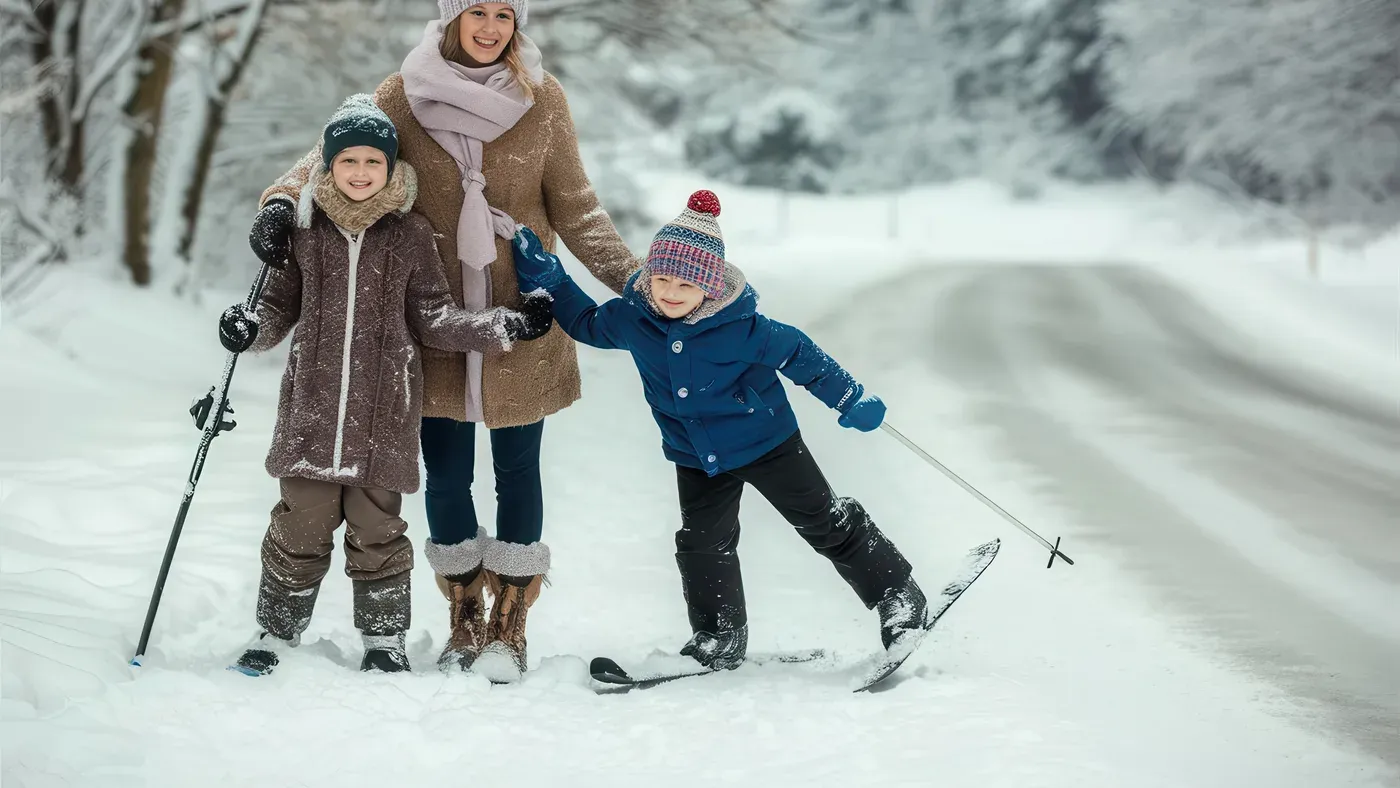 Förälder och två barn på längdskidor på en snöig skogsväg