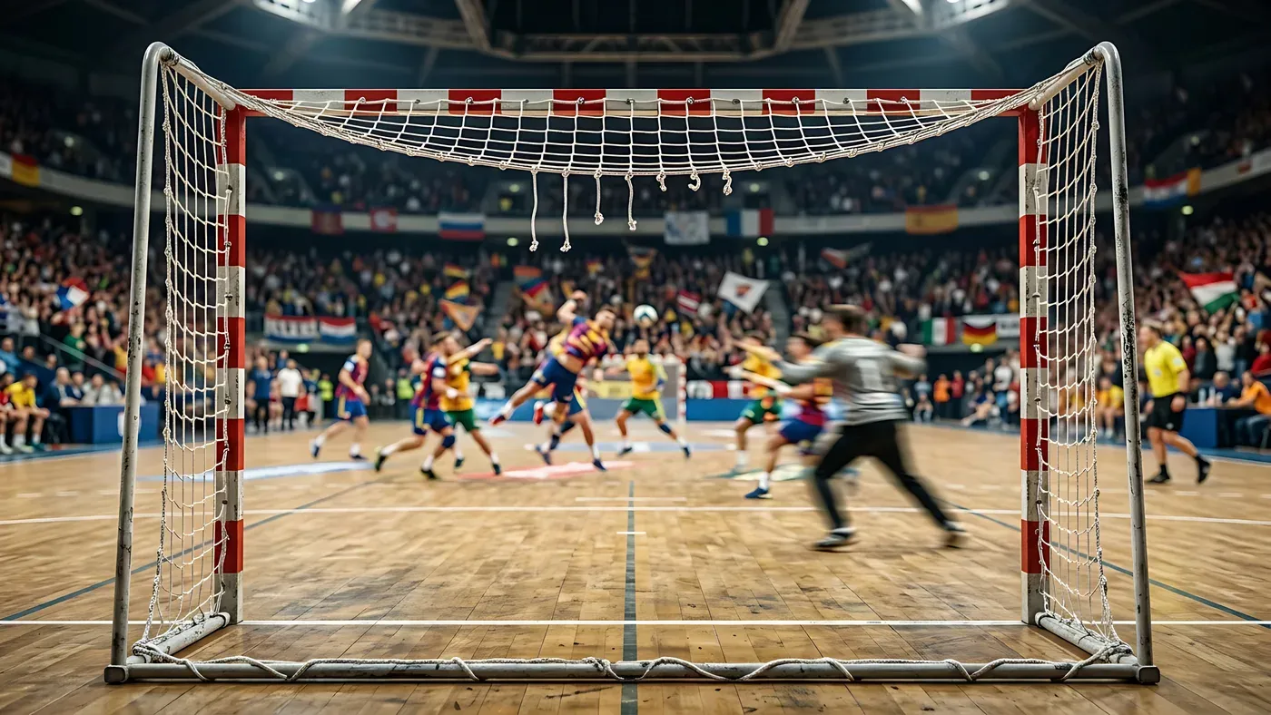 Handbollsmatch i en fullsatt arena sedd bakom ena målet