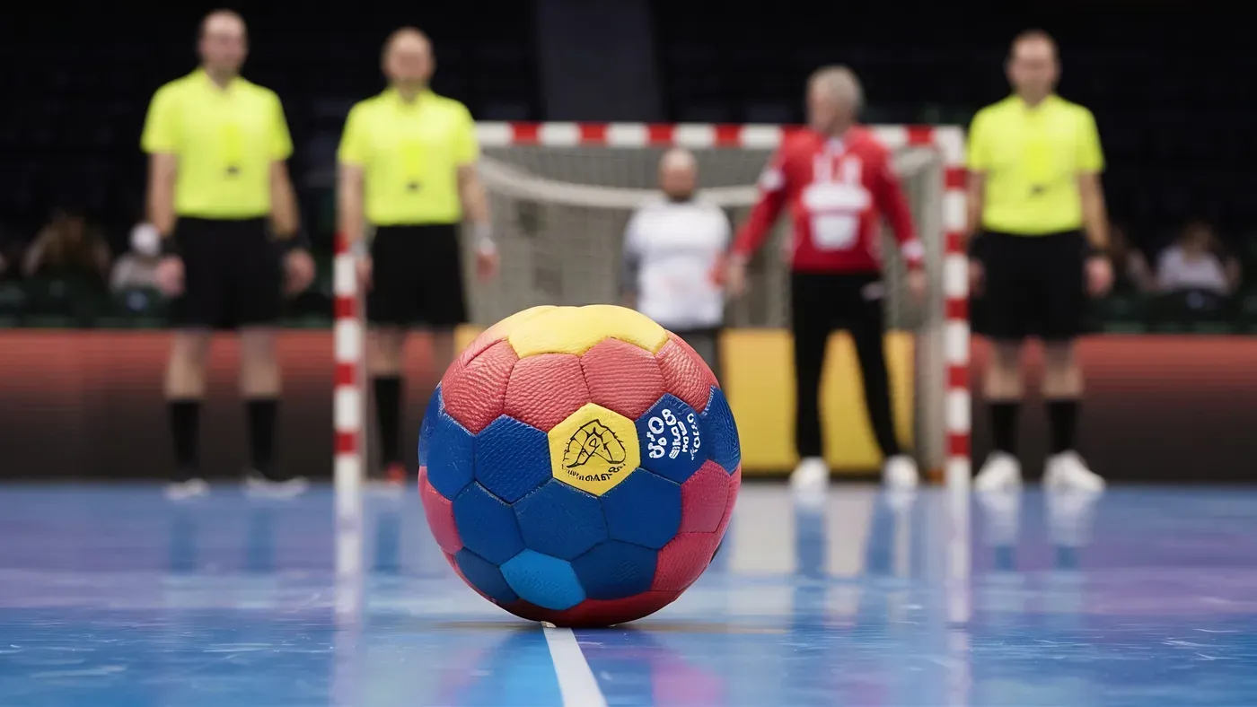 Handboll på golvet framför mål och domare i en handbollshall