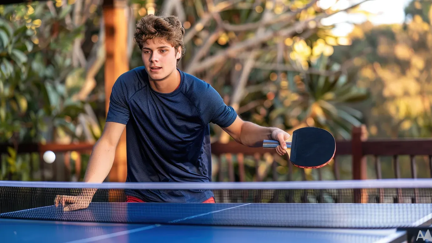 Bordtennisspelare slår en forehand vid ett blått bord